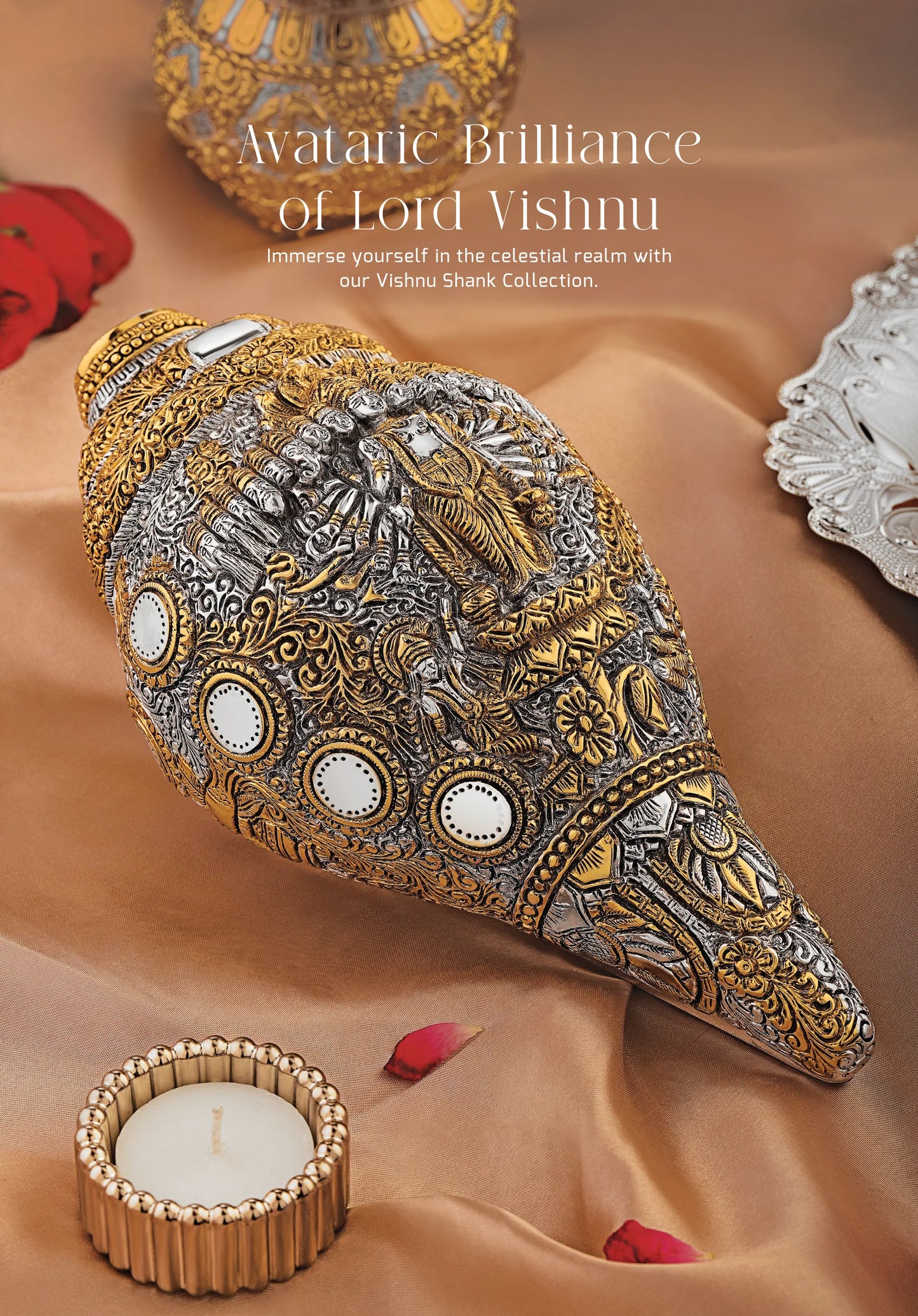 Tibetan Handmade Conch Shell Sankha – Inlaid with Turquoise, Coral & Deity Motifs