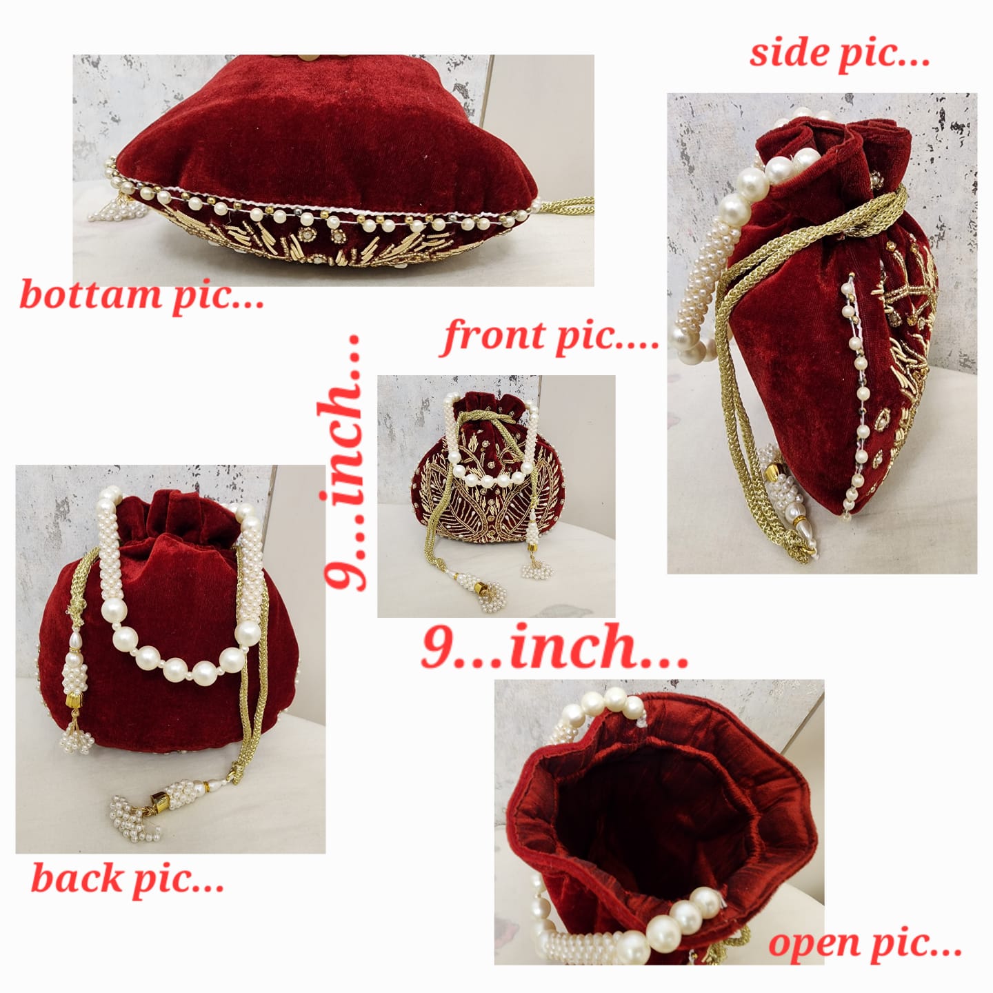 Royal Velvet Potli Bag with Pearl Handle & Zari Embroidery