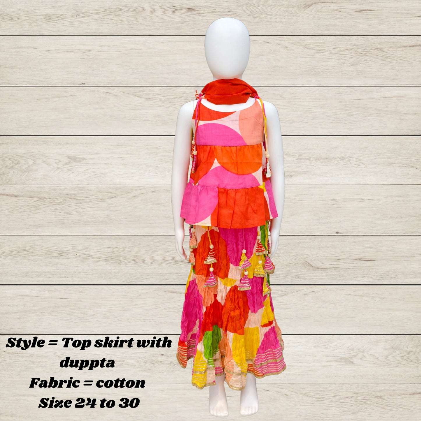 Girls' Festive Cotton Top, Skirt & Dupatta Set – Multicolor Tassel Design