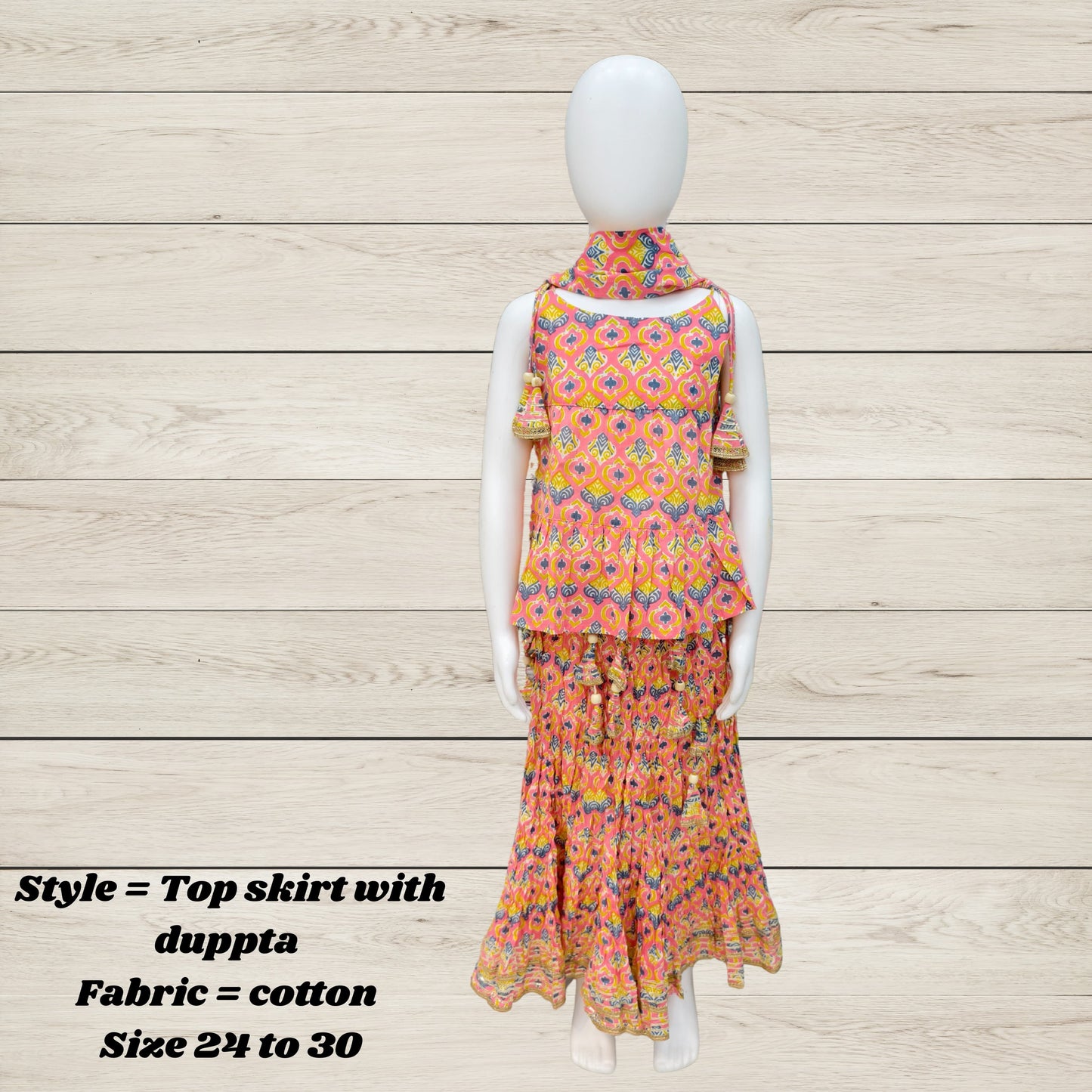 Girls' Festive Cotton Top, Skirt & Dupatta Set – Multicolor Tassel Design