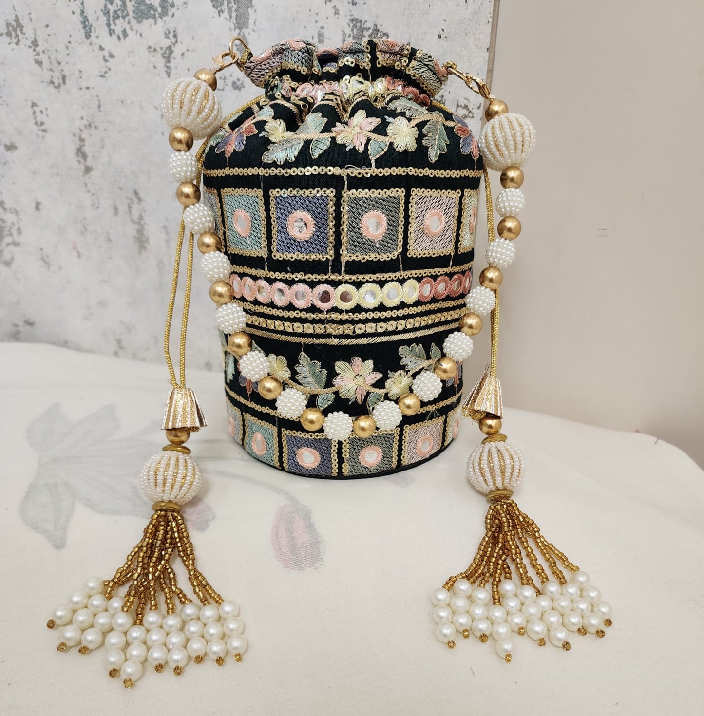 Vintage Mirror Embroidered Potli Bag with Pearl Tassels