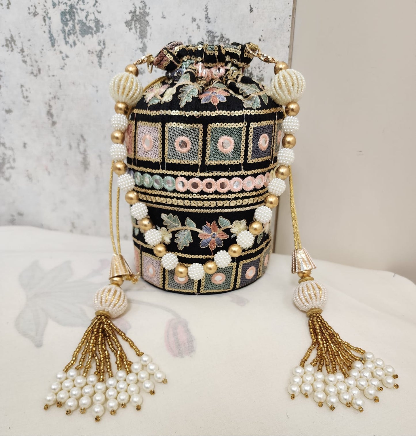 Vintage Mirror Embroidered Potli Bag with Pearl Tassels