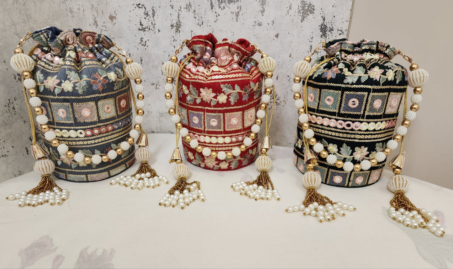 Vintage Mirror Embroidered Potli Bag with Pearl Tassels