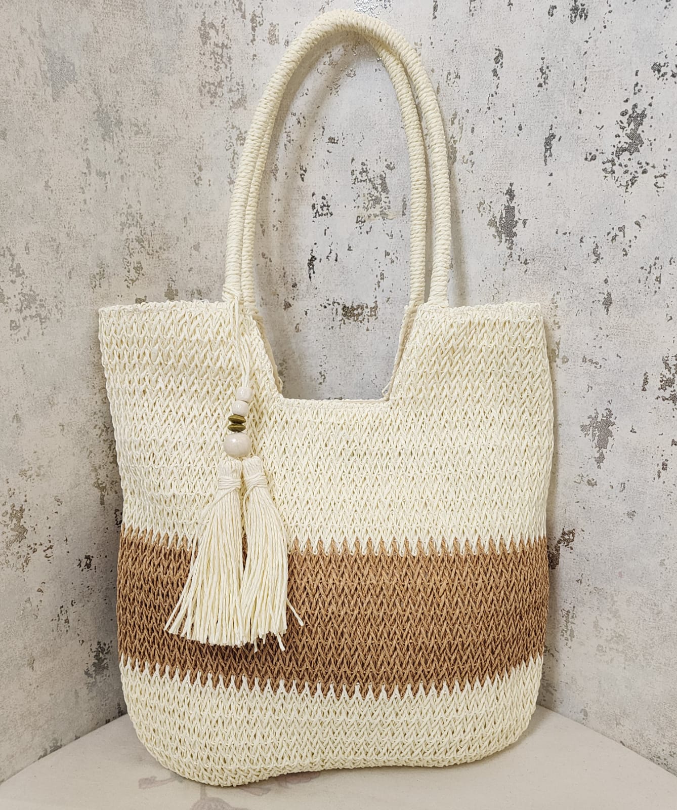 Boho Chic Jute Beach Tote Bag with Tassel Charm
