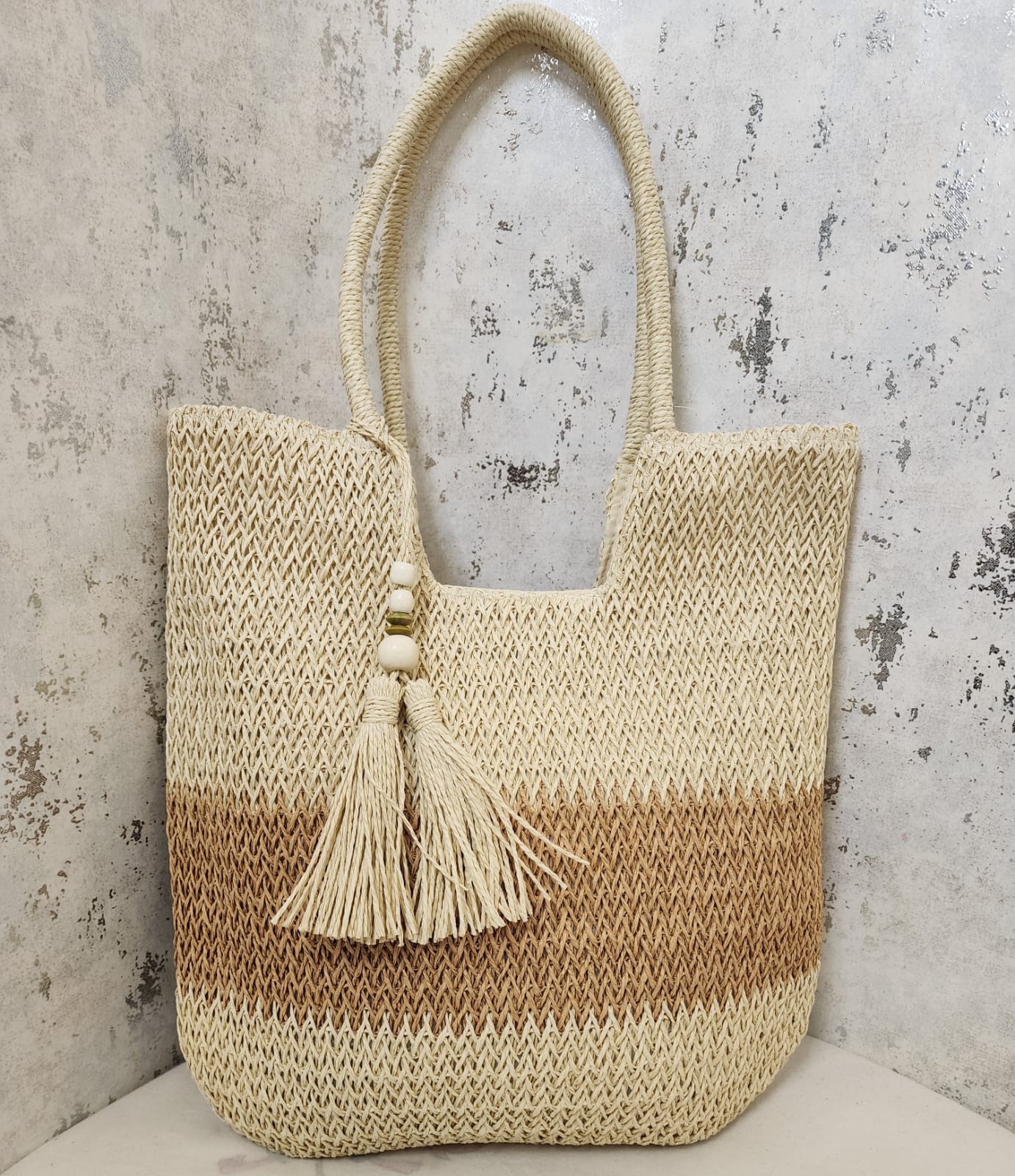 Boho Chic Jute Beach Tote Bag with Tassel Charm