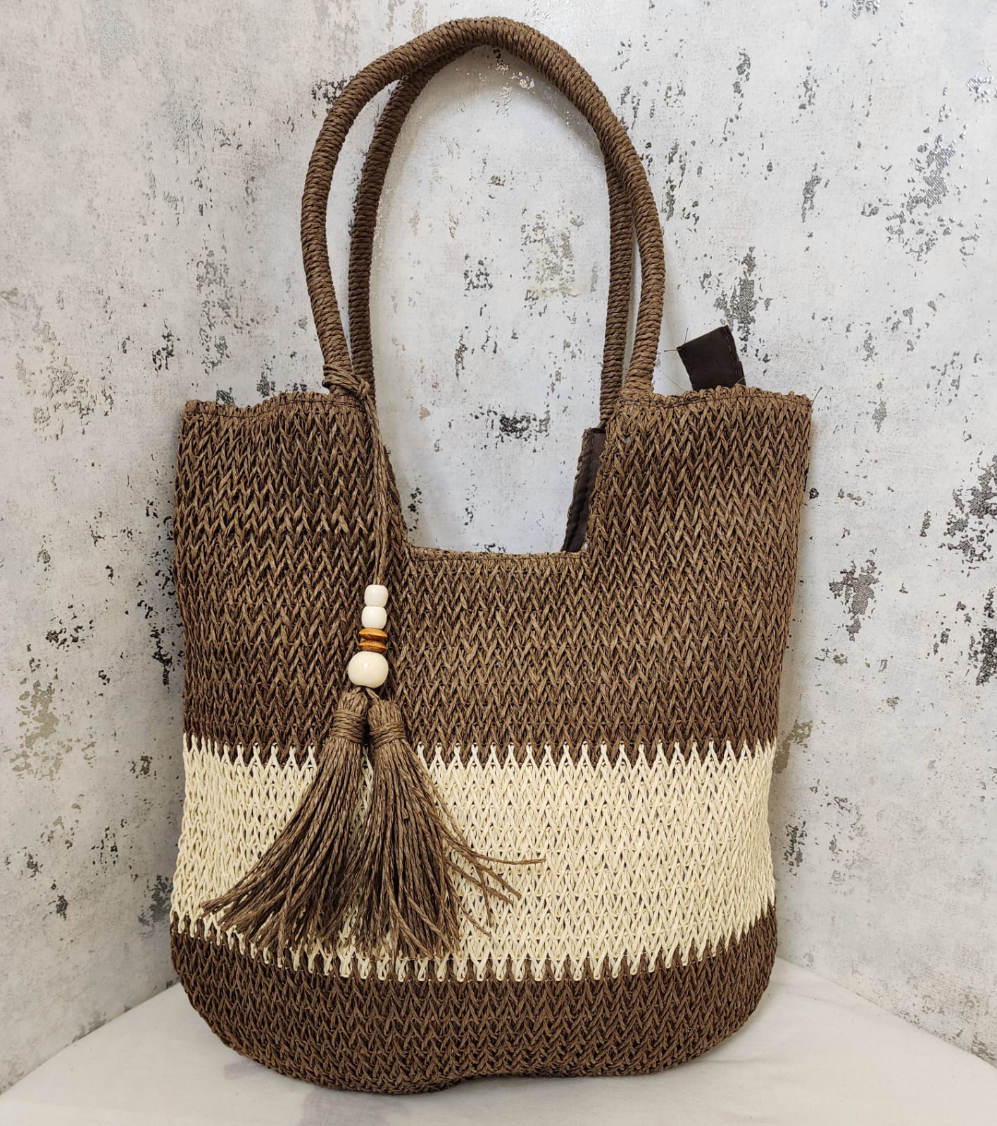Boho Chic Jute Beach Tote Bag with Tassel Charm