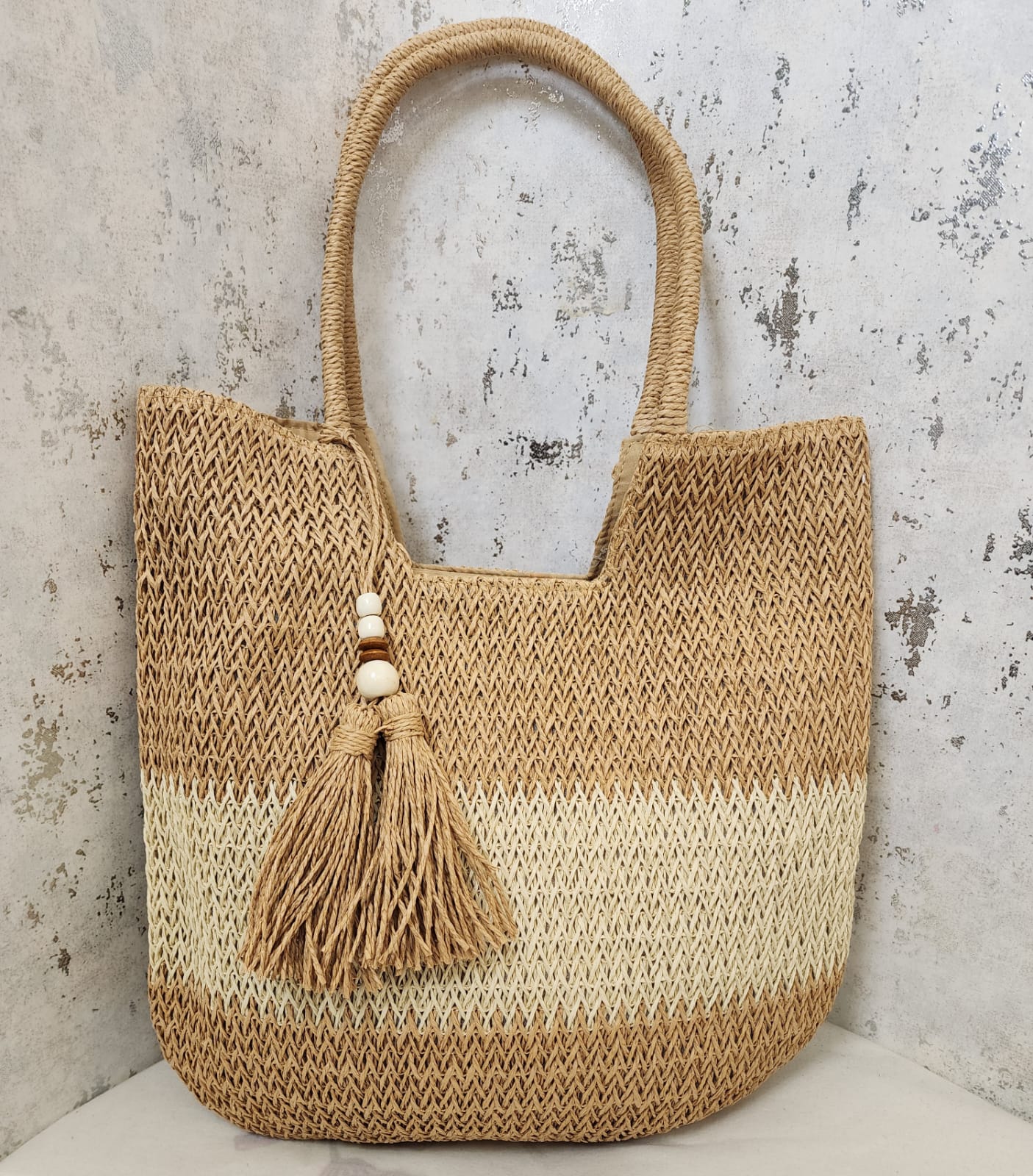 Boho Chic Jute Beach Tote Bag with Tassel Charm