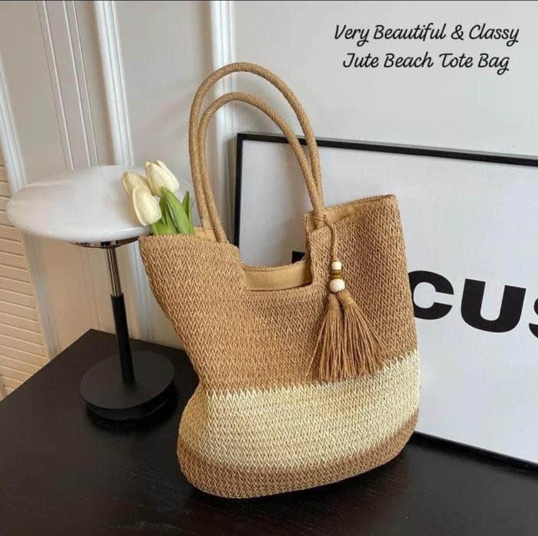 Boho Chic Jute Beach Tote Bag with Tassel Charm