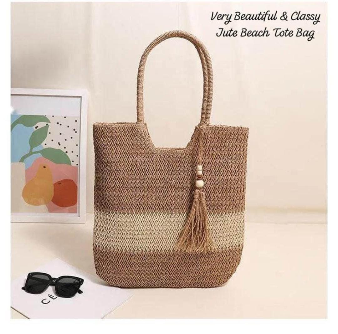 Boho Chic Jute Beach Tote Bag with Tassel Charm