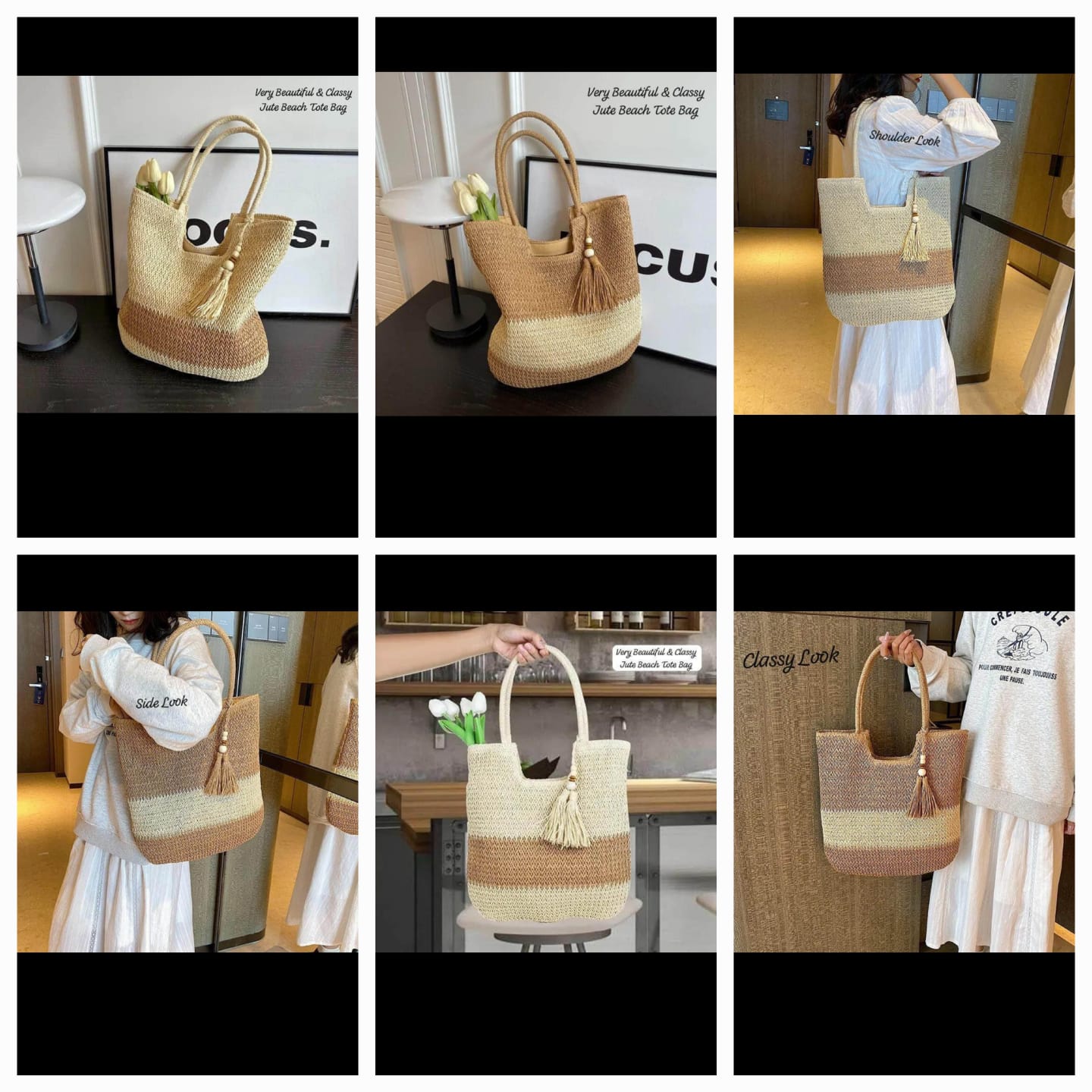 Boho Chic Jute Beach Tote Bag with Tassel Charm