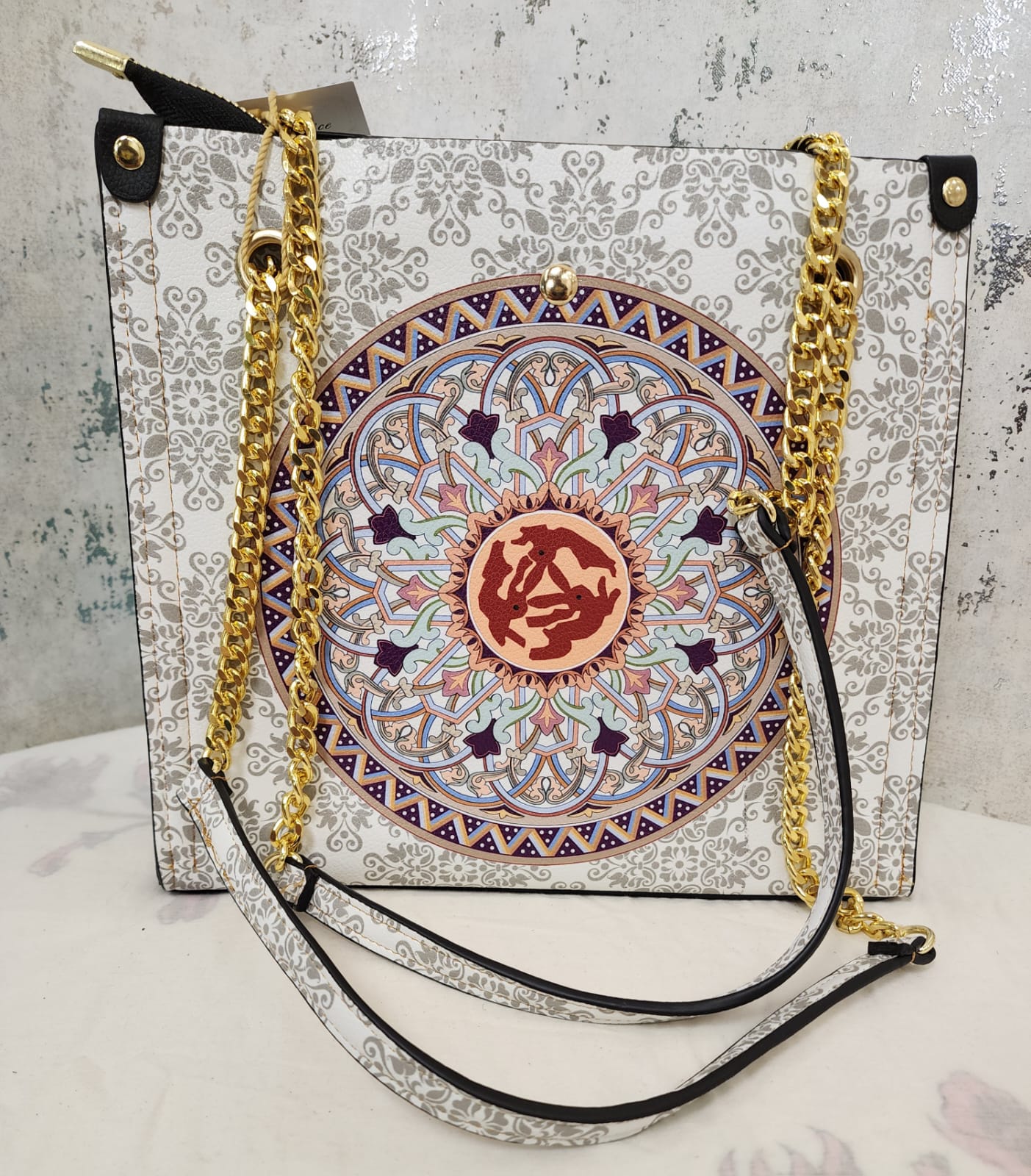 Mandala Art Tote Bag with Gold Chain Strap – Elegant & Ethnic Fusion