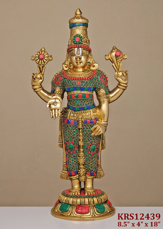 Handcrafted Brass Lord Venkateshwara Idol with Stone Inlay – 18” Tall