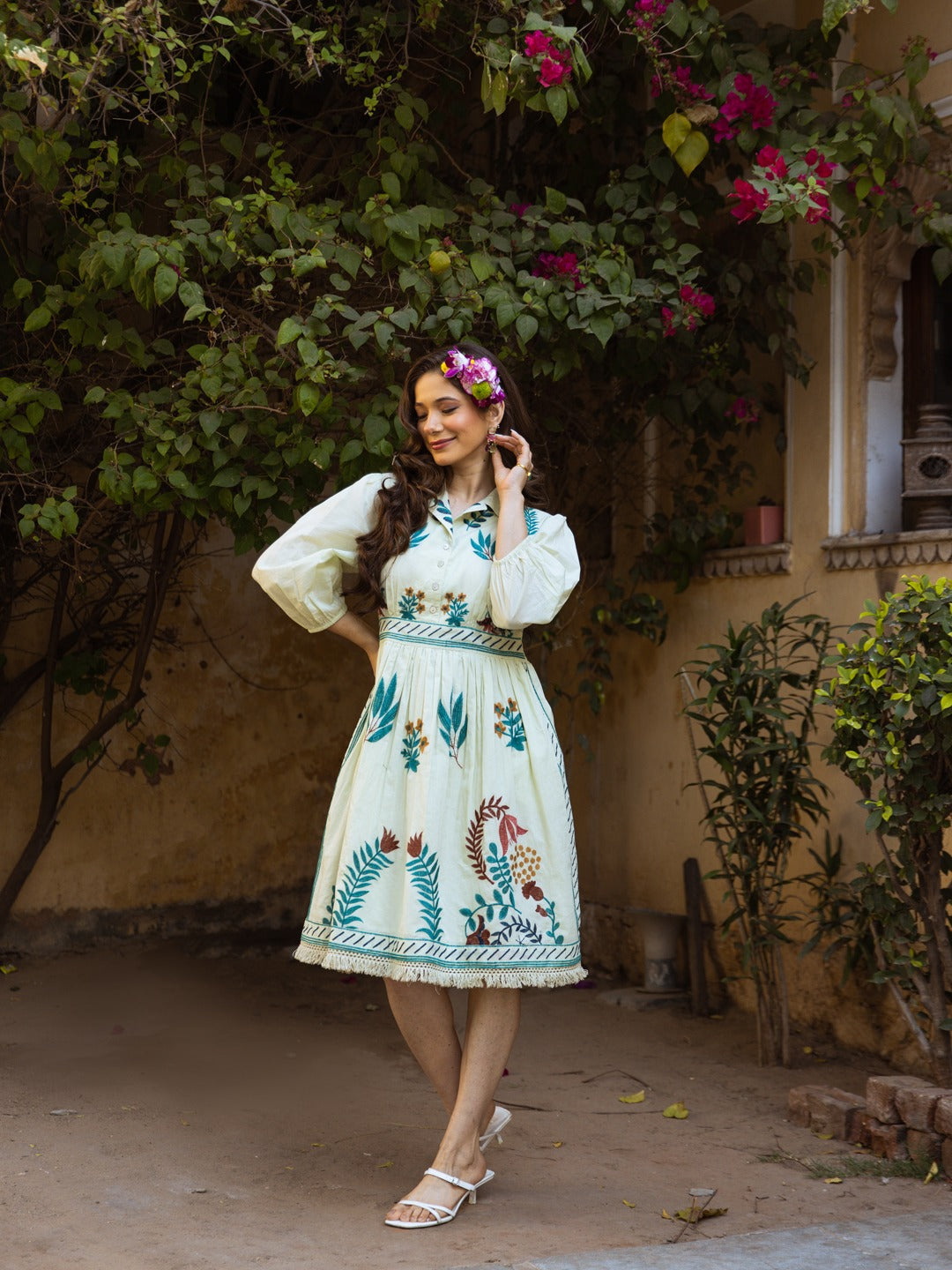Ivory Botanical Embroidered Midi Dress Nature-inspired elegance with timeless charm
