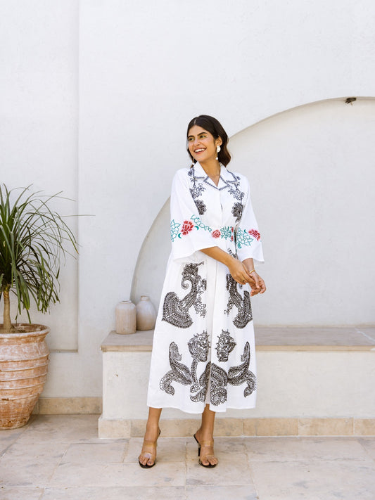 White Paisley Embroidered Midi Dress Artisanal elegance with a contemporary soul