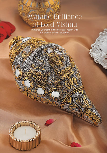 Tibetan Handmade Conch Shell Sankha – Inlaid with Turquoise, Coral & Deity Motifs