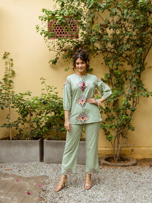 Sage Green Floral Embroidered Kurta Pant Set for Women Effortless elegance for everyday celebrations