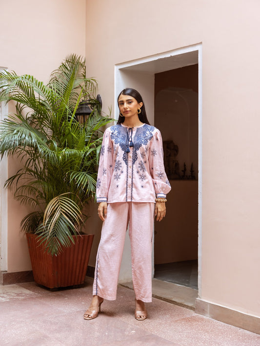 Blush Pink Embroidered Kurta Pant Set Soft hues. Timeless detailing.