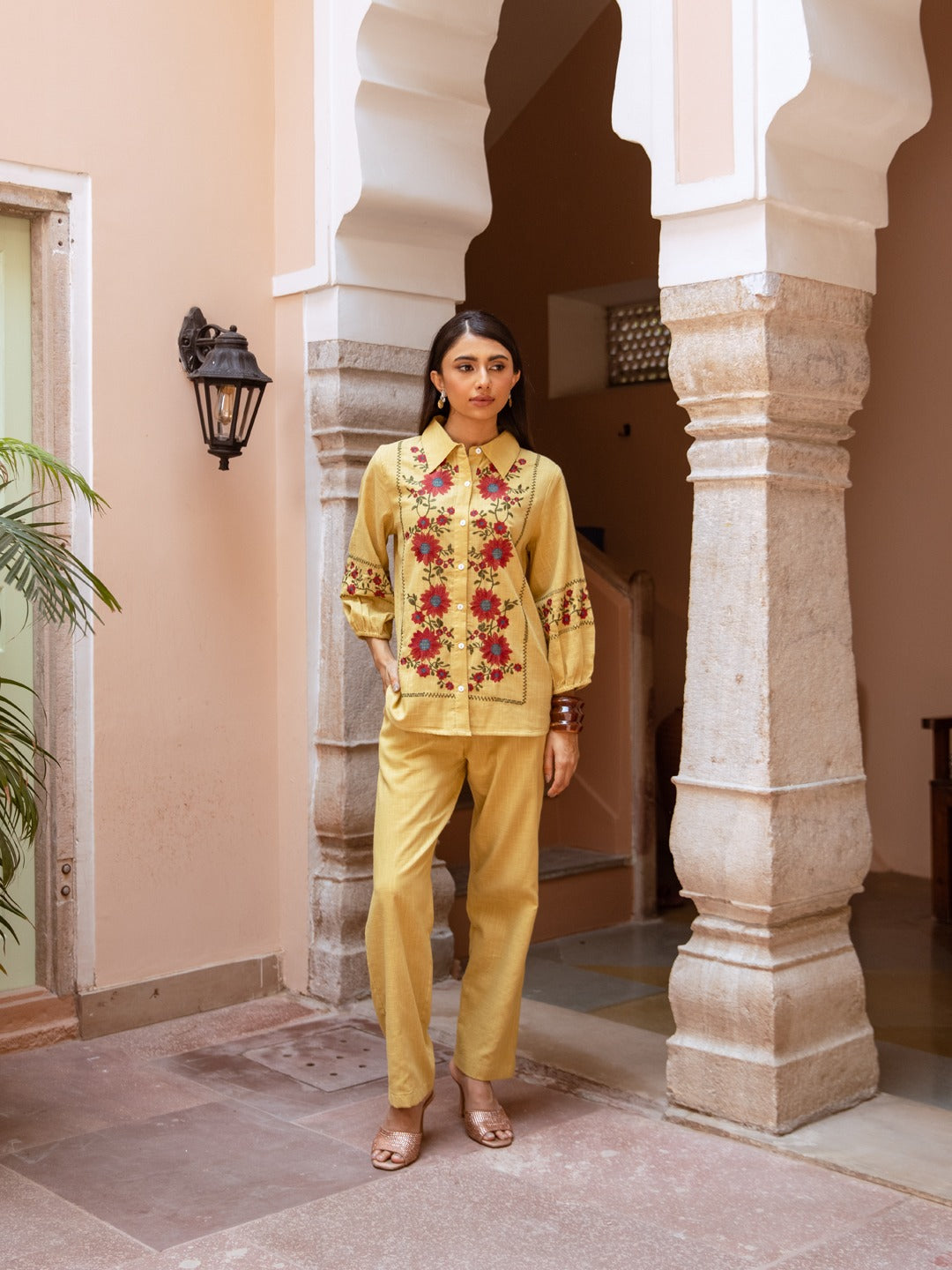 Mustard Yellow Floral Embroidered Kurta Pant Set Classic charm with contemporary comfort