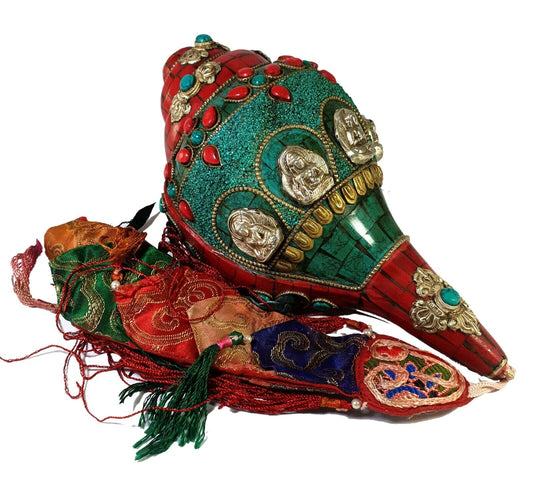 Tibetan Handmade Conch Shell Sankha – Inlaid with Turquoise, Coral & Deity Motifs