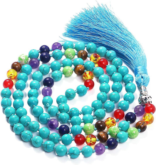 Handcrafted Wooden Japa Mala with Turquoise Accents – 108 Beads