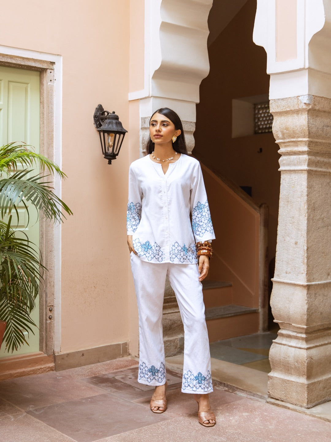 White Blue Embroidered Kurta Pant Set Minimal elegance with delicate detailing
