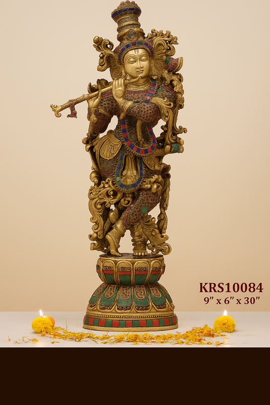 Divine Brass Lord Krishna Idol with Flute (30")