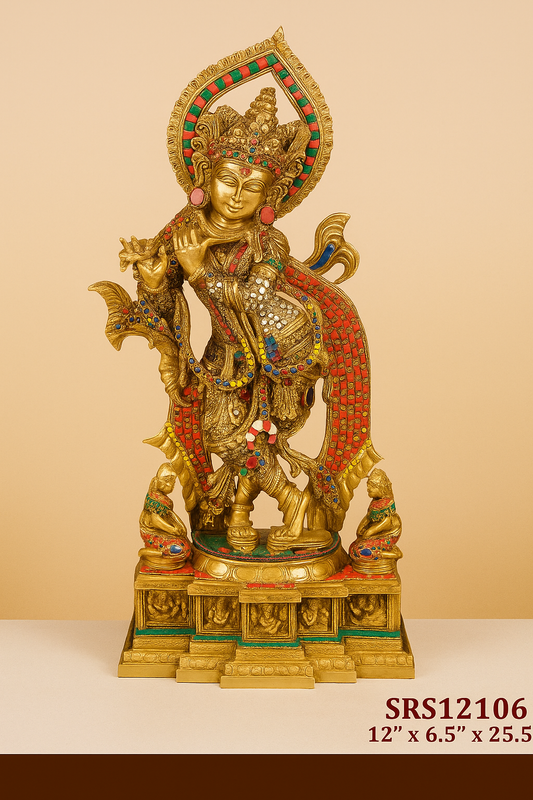 Radha Krishna Brass Idol with Intricate Stone Work (25.5")