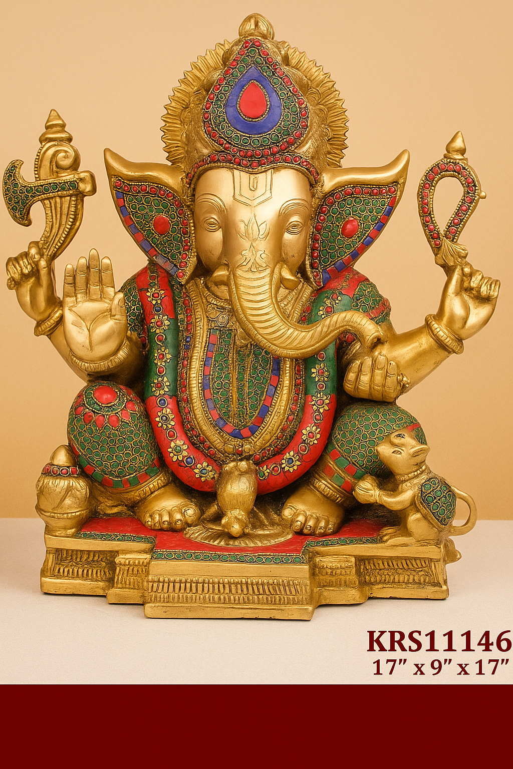 Majestic Brass Ganesha Idol with Stone Inlay (17")