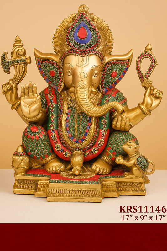 Majestic Brass Ganesha Idol with Stone Inlay (17")
