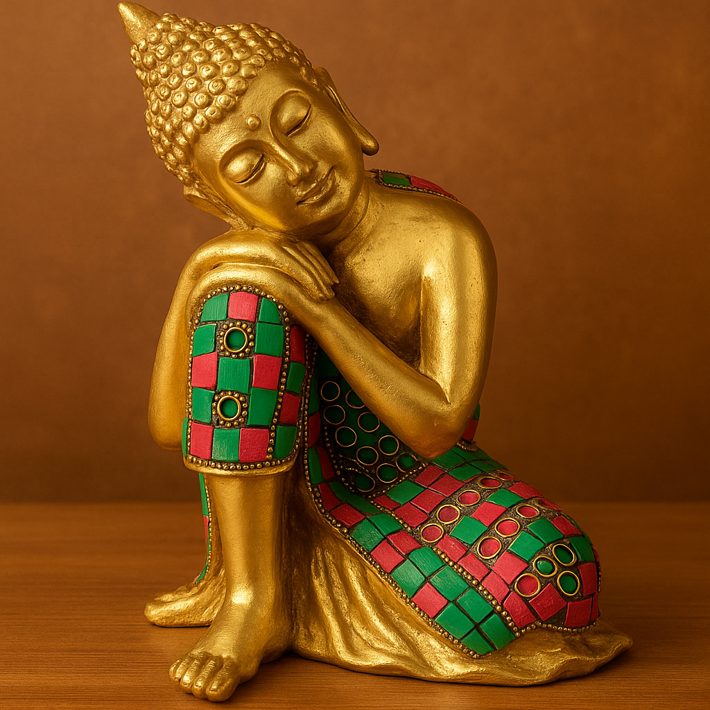 Golden Resting Buddha Idol – Handcrafted with Enamel Mosaic Robe