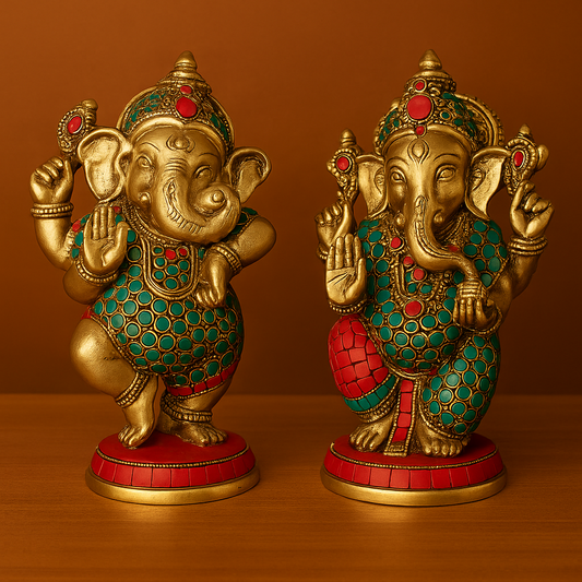 Brass Ganesha Idol Set with Enamel Work – Dancing & Blessing Pose
