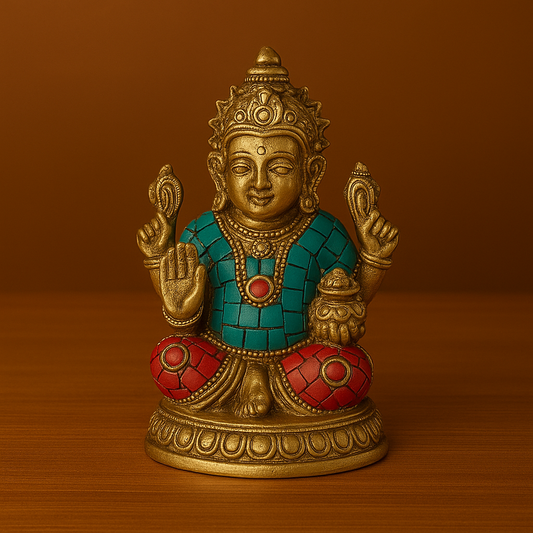 Brass Lord Kubera Idol with Turquoise & Red Inlay – Wealth & Prosperity Statue