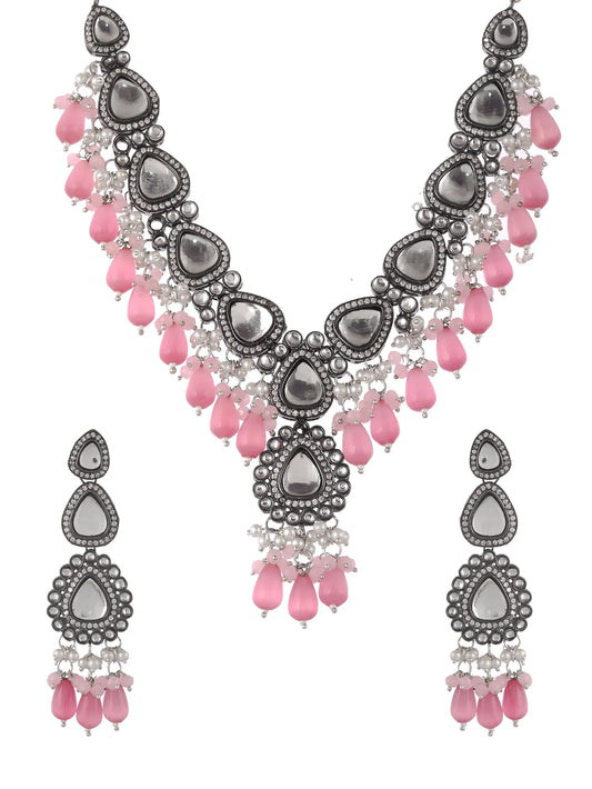 Antique Mirror Kundan Necklace Set with Pink Beads