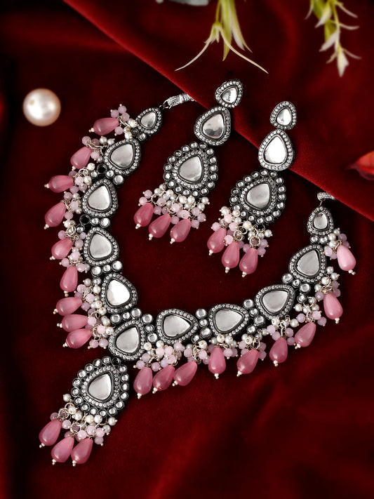 Mirror Kundan Necklace Set with Pink Bead Detailing