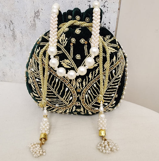 Royal Velvet Potli Bag with Pearl Handle & Zari Embroidery