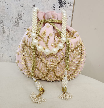 Royal Velvet Potli Bag with Pearl Handle & Zari Embroidery