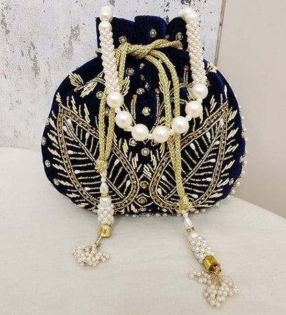 Royal Velvet Potli Bag with Pearl Handle & Zari Embroidery