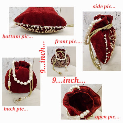 Royal Velvet Potli Bag with Pearl Handle & Zari Embroidery
