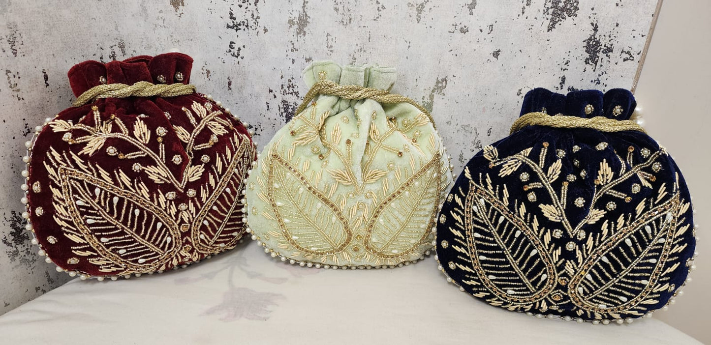 Royal Velvet Potli Bag with Pearl Handle & Zari Embroidery