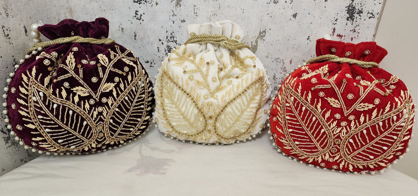 Royal Velvet Potli Bag with Pearl Handle & Zari Embroidery