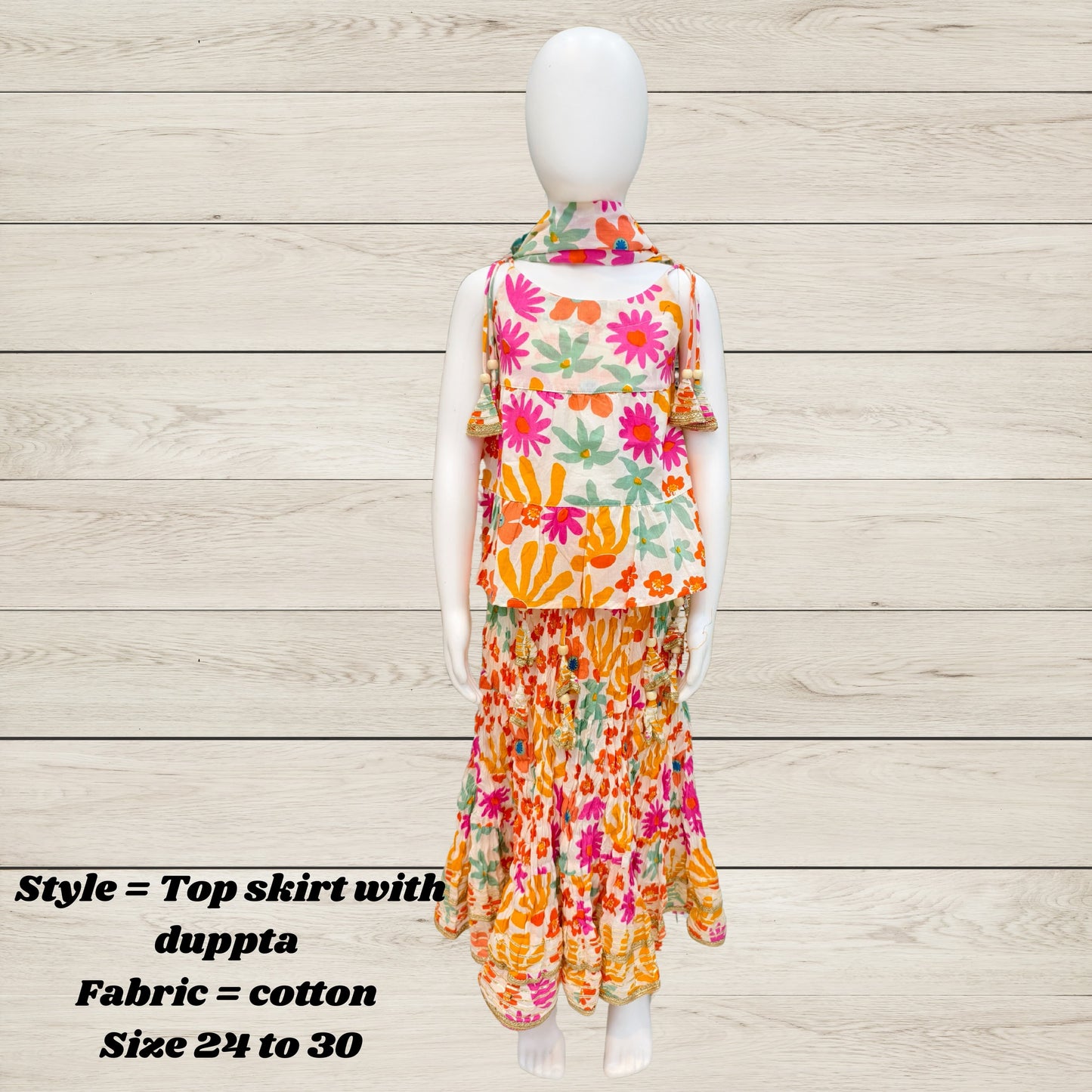 Girls' Festive Cotton Top, Skirt & Dupatta Set – Multicolor Tassel Design