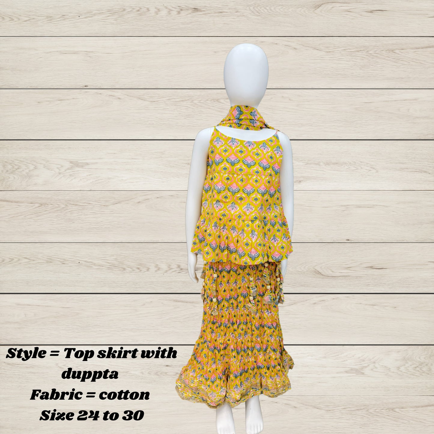 Girls' Festive Cotton Top, Skirt & Dupatta Set – Multicolor Tassel Design