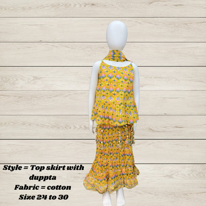 Girls' Festive Cotton Top, Skirt & Dupatta Set – Multicolor Tassel Design