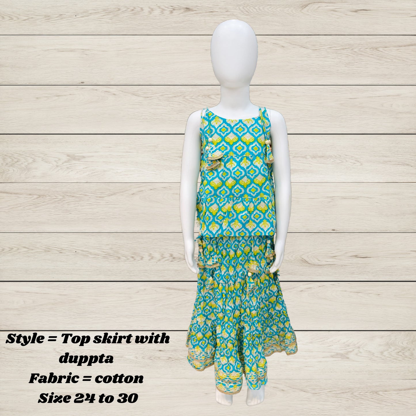 Girls' Festive Cotton Top, Skirt & Dupatta Set – Multicolor Tassel Design