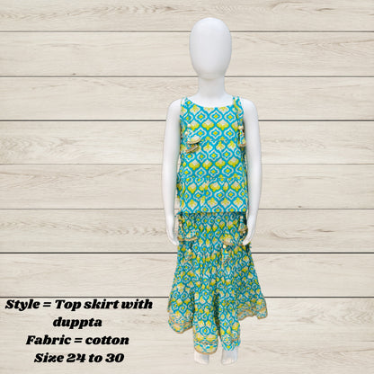 Girls' Festive Cotton Top, Skirt & Dupatta Set – Multicolor Tassel Design