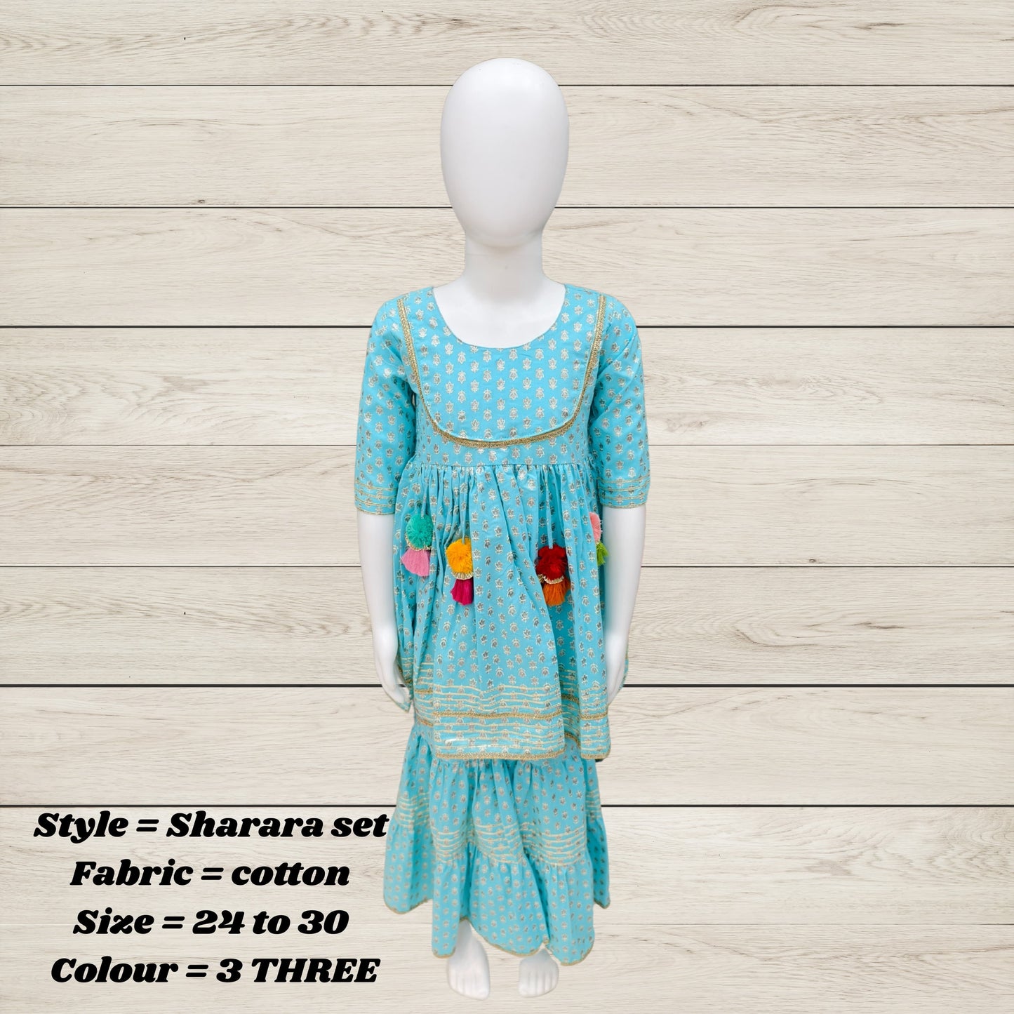 Girls' Festive Cotton Top, Skirt & Dupatta Set – Multicolor Tassel Design