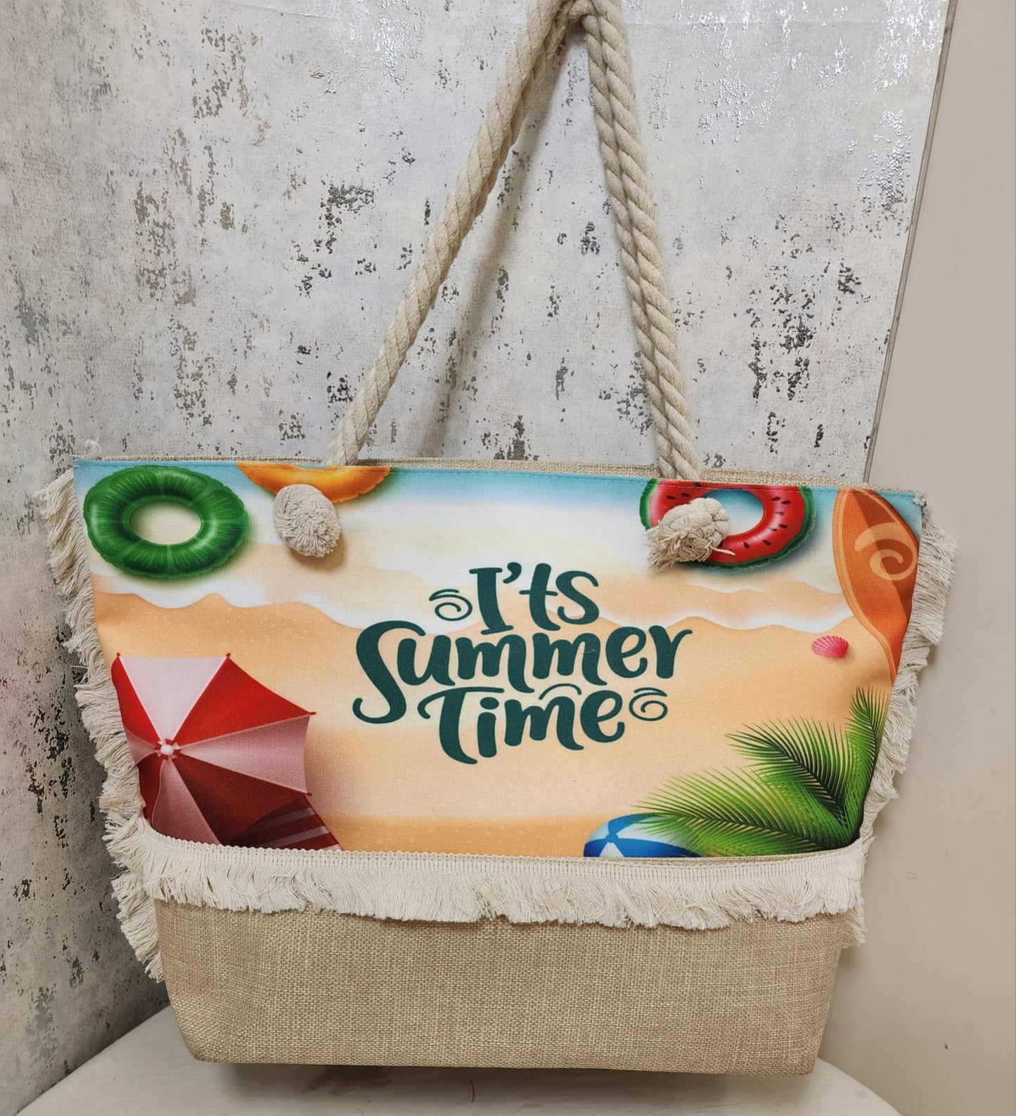 "It’s Summer Time" Beach Tote Bag with Rope Handles
