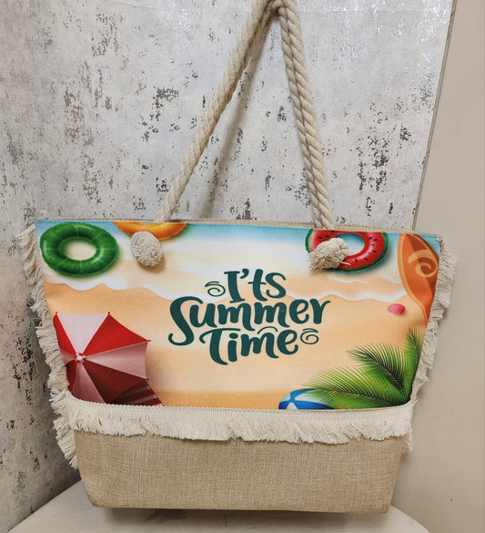 "It’s Summer Time" Beach Tote Bag with Rope Handles
