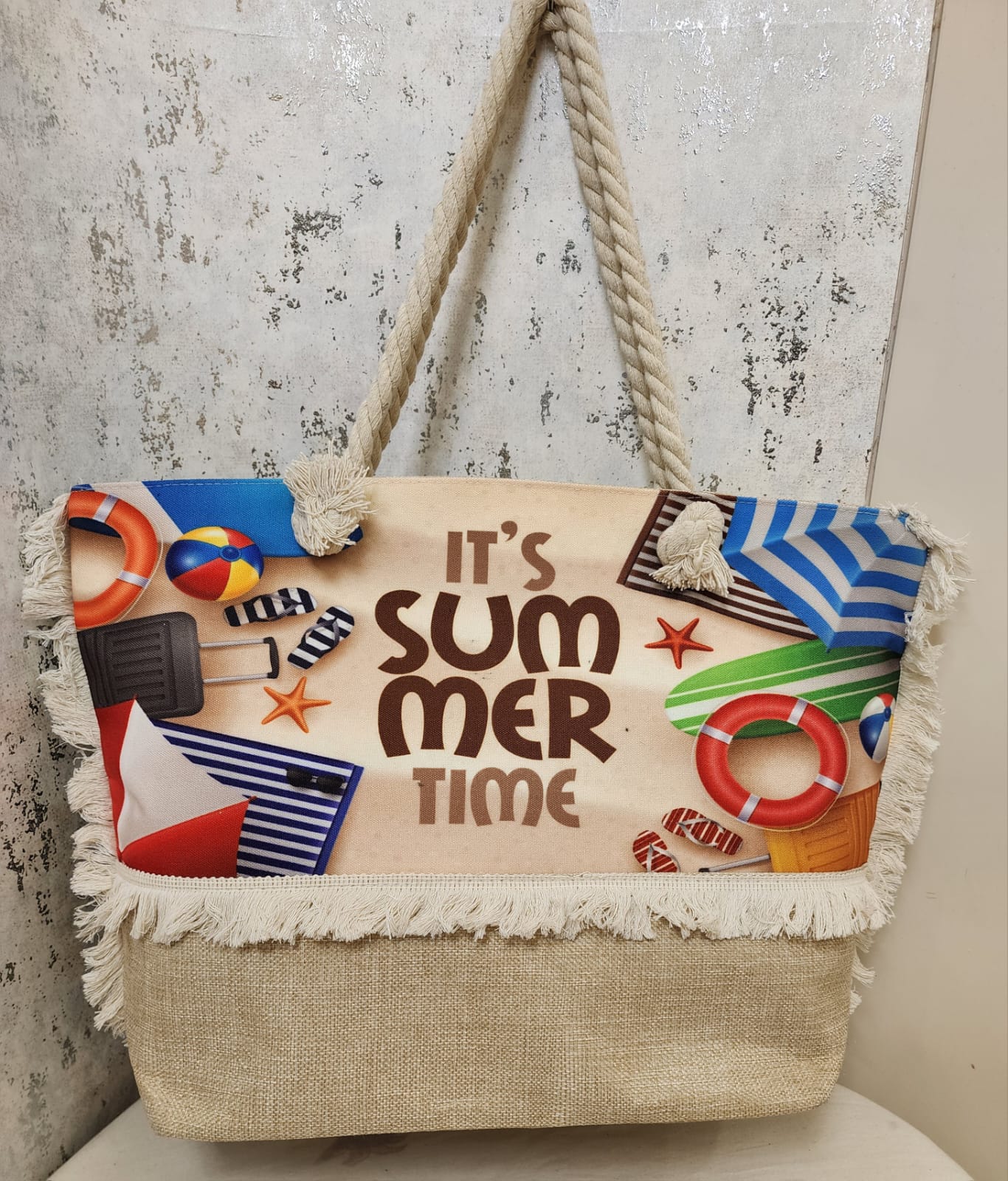 "It’s Summer Time" Beach Tote Bag with Rope Handles