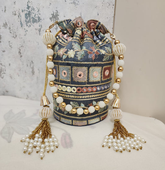 Vintage Mirror Embroidered Potli Bag with Pearl Tassels